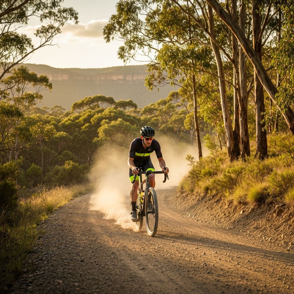 Gravel cyclist on mountain trail in Blue Mountains